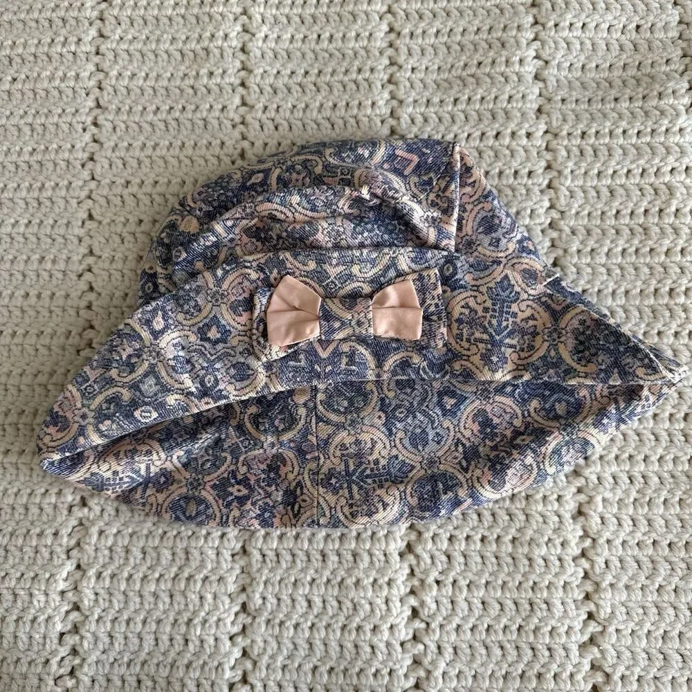 VTG 1990s Children’s Pastel Soft Denim Paisley Bucket Hat With Bow Pink Blue